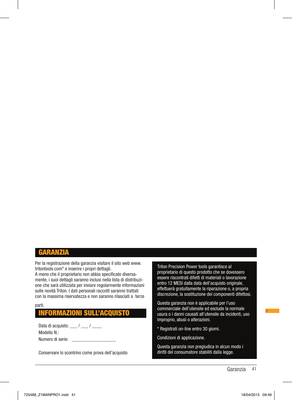 Informazioni sull’acquisto, Garanzia | Triton T12 ID User Manual | Page 42 / 50
