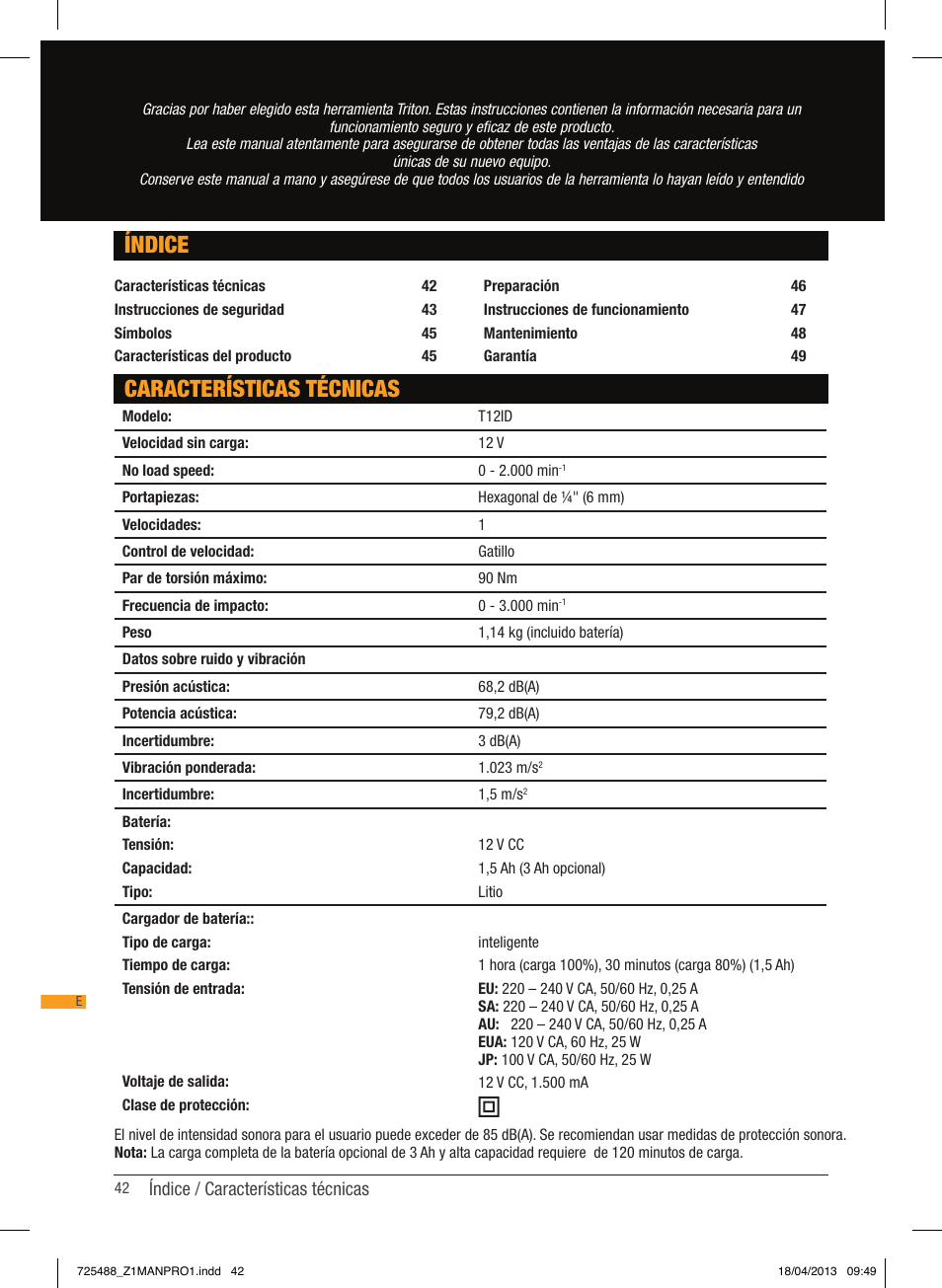 Características técnicas índice | Triton T12 ID User Manual | Page 43 / 50