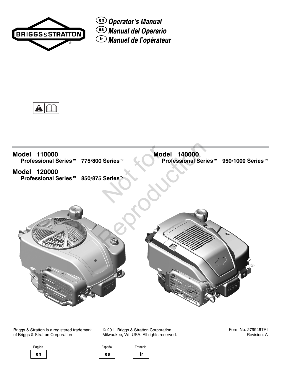 Briggs & Stratton PROFESSIONAL SERIES 110000 User Manual | 28 pages