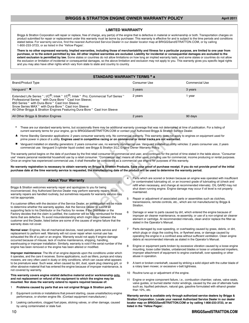 Not for reproduction | Briggs & Stratton PROFESSIONAL SERIES 110000 User Manual | Page 10 / 28