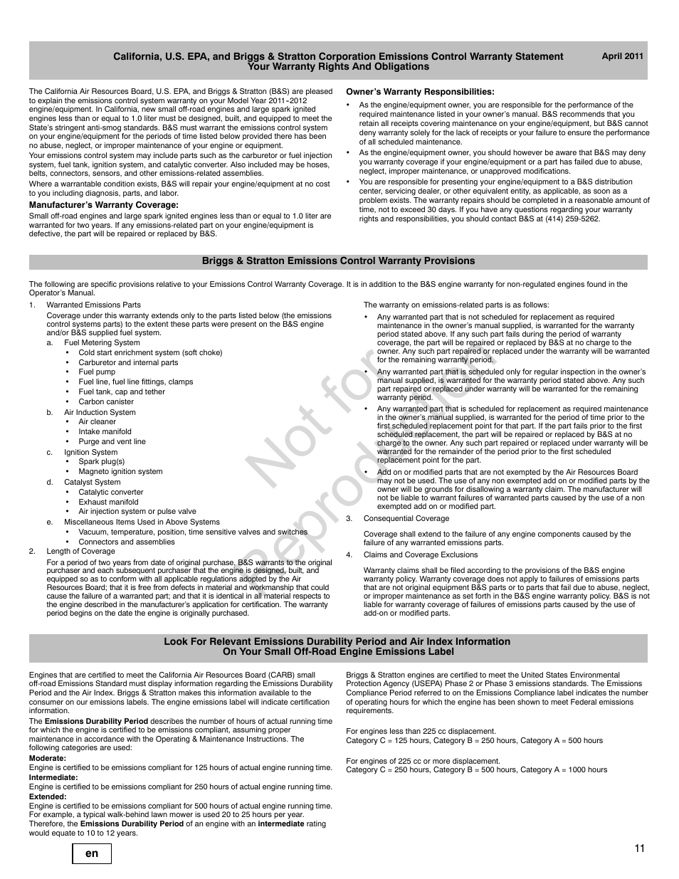 Not for reproduction | Briggs & Stratton PROFESSIONAL SERIES 110000 User Manual | Page 11 / 28