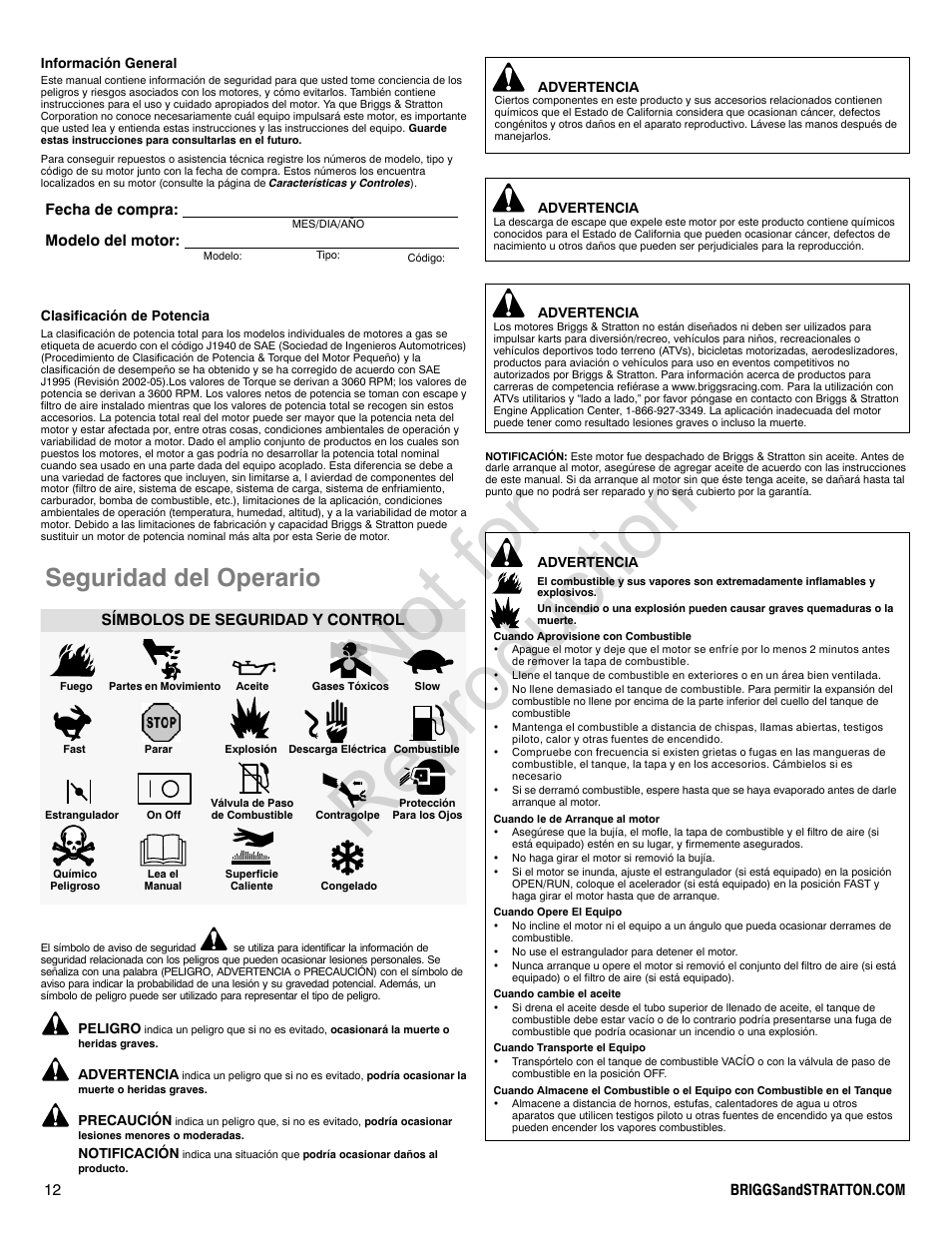 Not for reproduction, Seguridad del operario | Briggs & Stratton PROFESSIONAL SERIES 110000 User Manual | Page 12 / 28