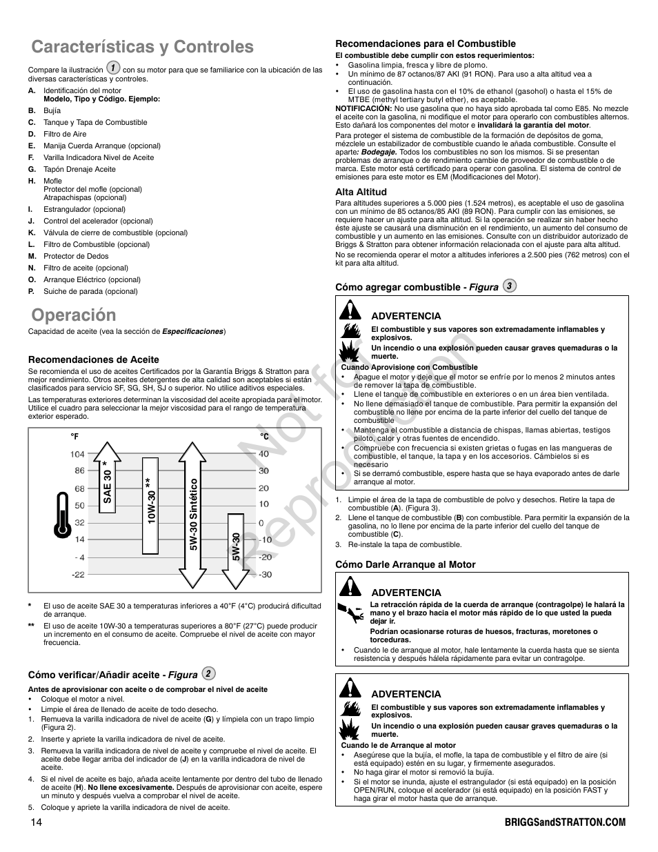 Not for reproduction, Características y controles, Operación | Briggs & Stratton PROFESSIONAL SERIES 110000 User Manual | Page 14 / 28