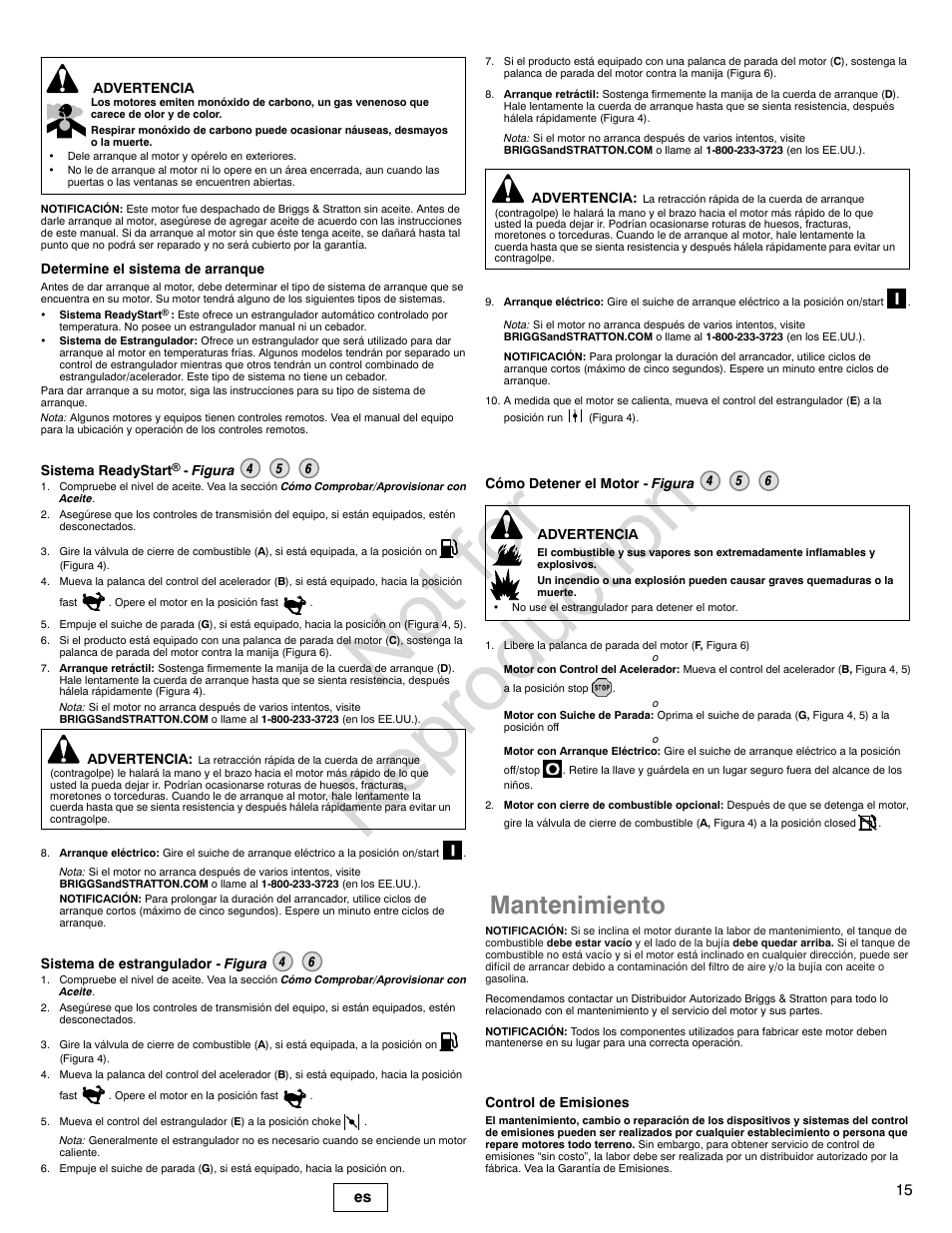 Not for reproduction, Mantenimiento | Briggs & Stratton PROFESSIONAL SERIES 110000 User Manual | Page 15 / 28