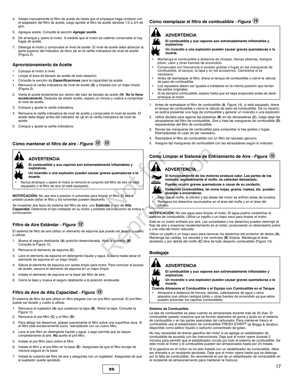 Not for reproduction | Briggs & Stratton PROFESSIONAL SERIES 110000 User Manual | Page 17 / 28