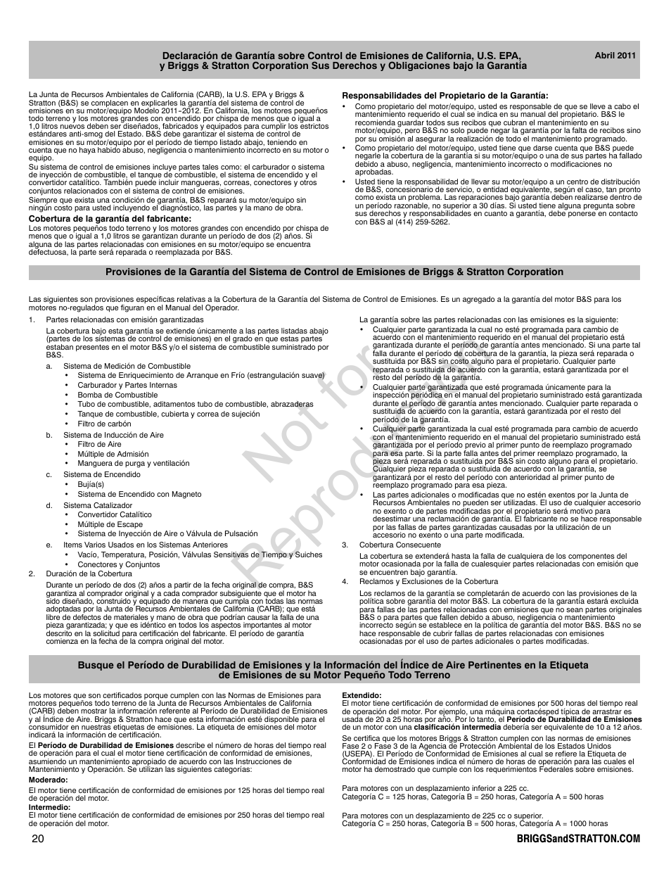 Not for reproduction | Briggs & Stratton PROFESSIONAL SERIES 110000 User Manual | Page 20 / 28