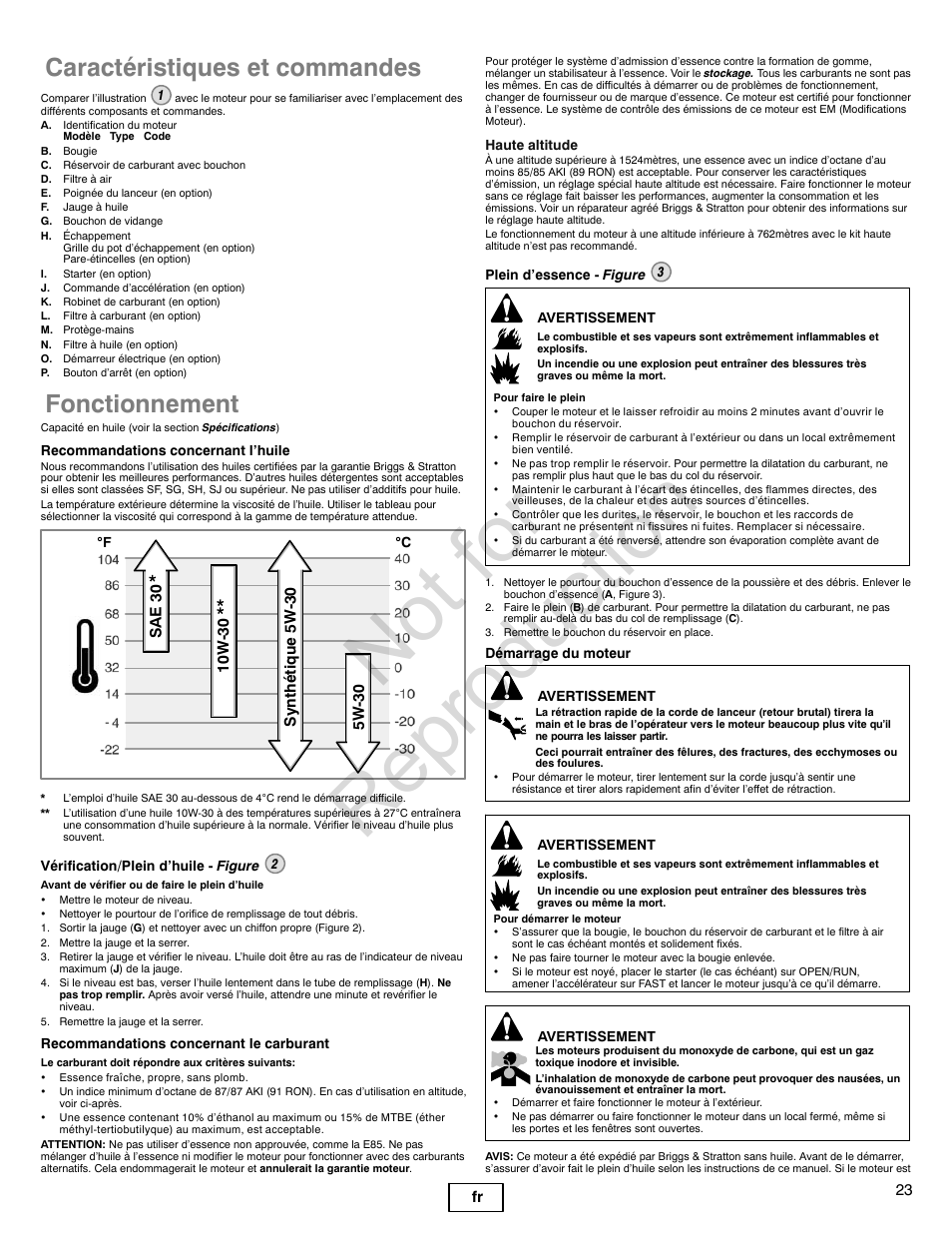 Not for reproduction, Caractéristiques et commandes, Fonctionnement | Briggs & Stratton PROFESSIONAL SERIES 110000 User Manual | Page 23 / 28