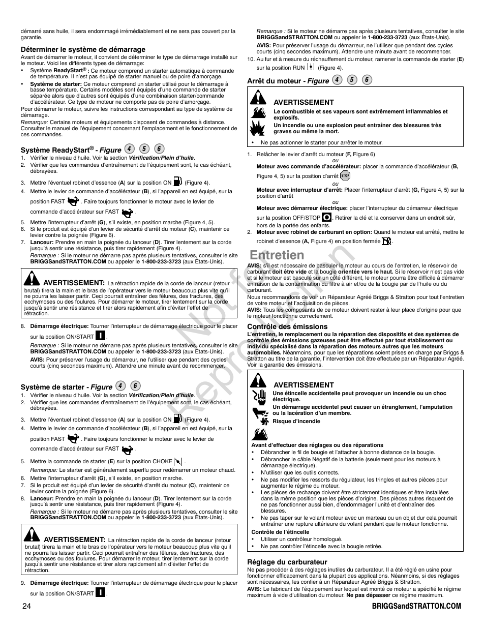 Not for reproduction, Entretien | Briggs & Stratton PROFESSIONAL SERIES 110000 User Manual | Page 24 / 28