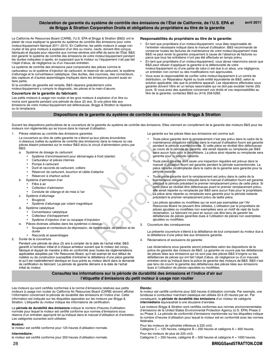 Not for reproduction | Briggs & Stratton PROFESSIONAL SERIES 110000 User Manual | Page 28 / 28