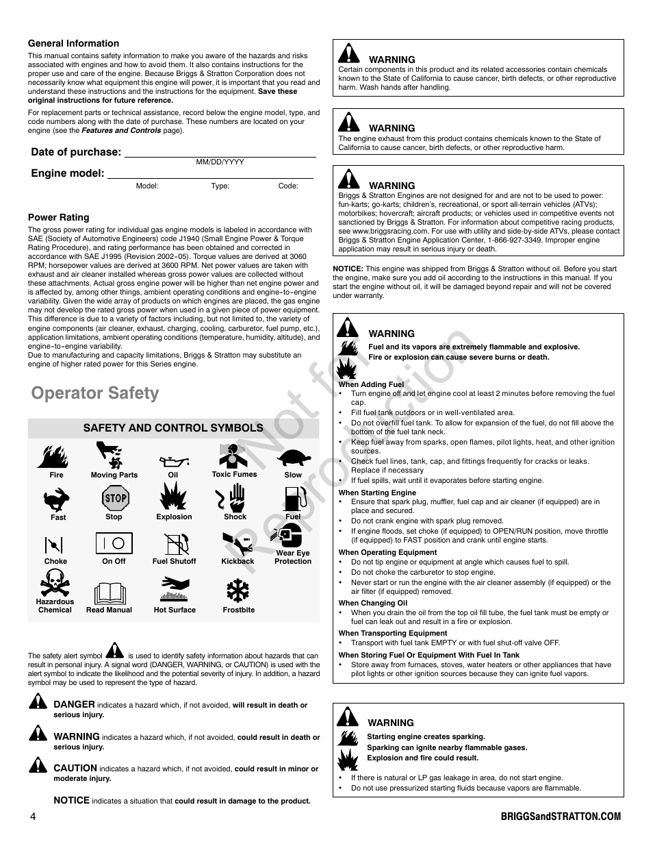 Not for reproduction, Operator safety | Briggs & Stratton PROFESSIONAL SERIES 110000 User Manual | Page 4 / 28