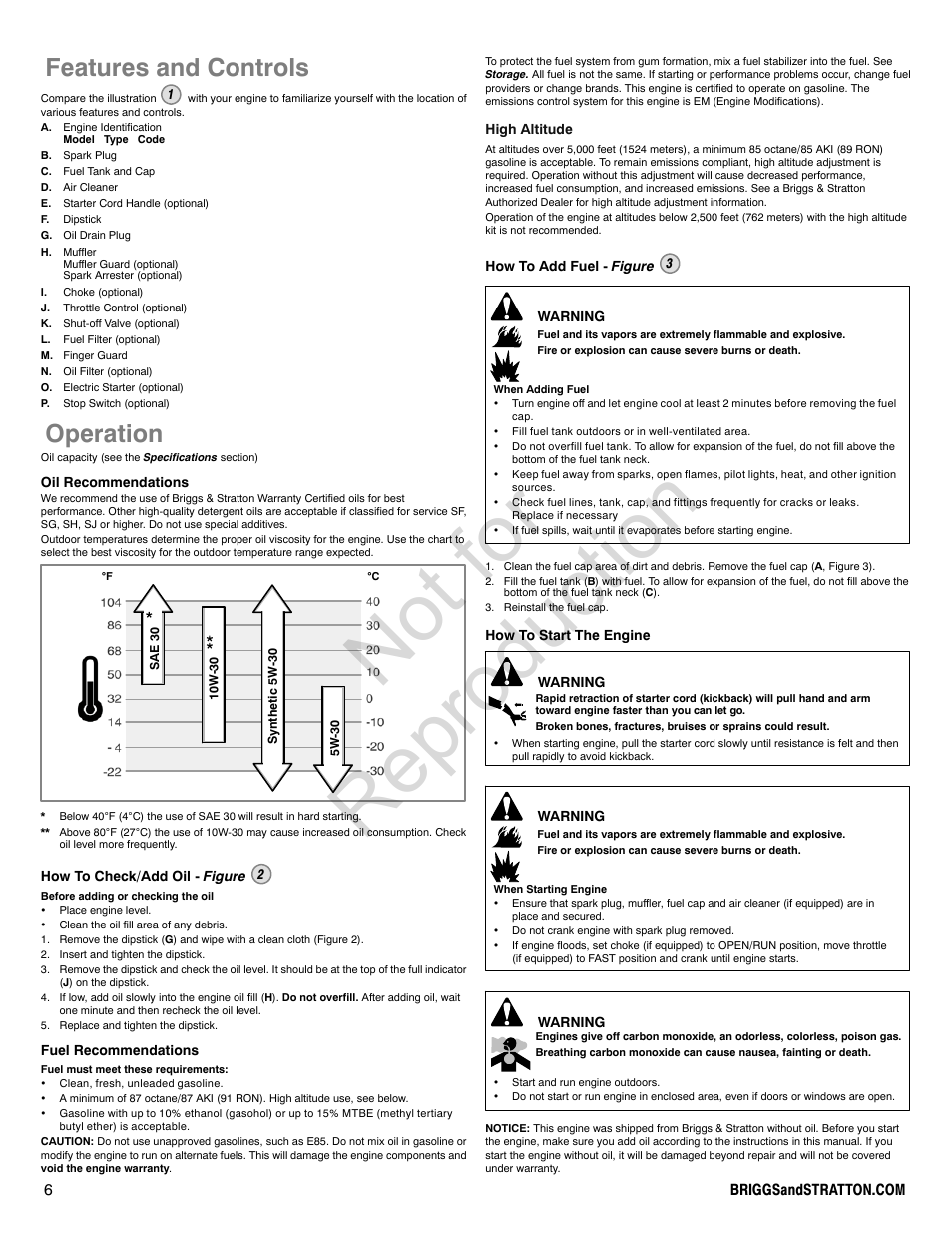 Not for reproduction, Features and controls, Operation | Briggs & Stratton PROFESSIONAL SERIES 110000 User Manual | Page 6 / 28