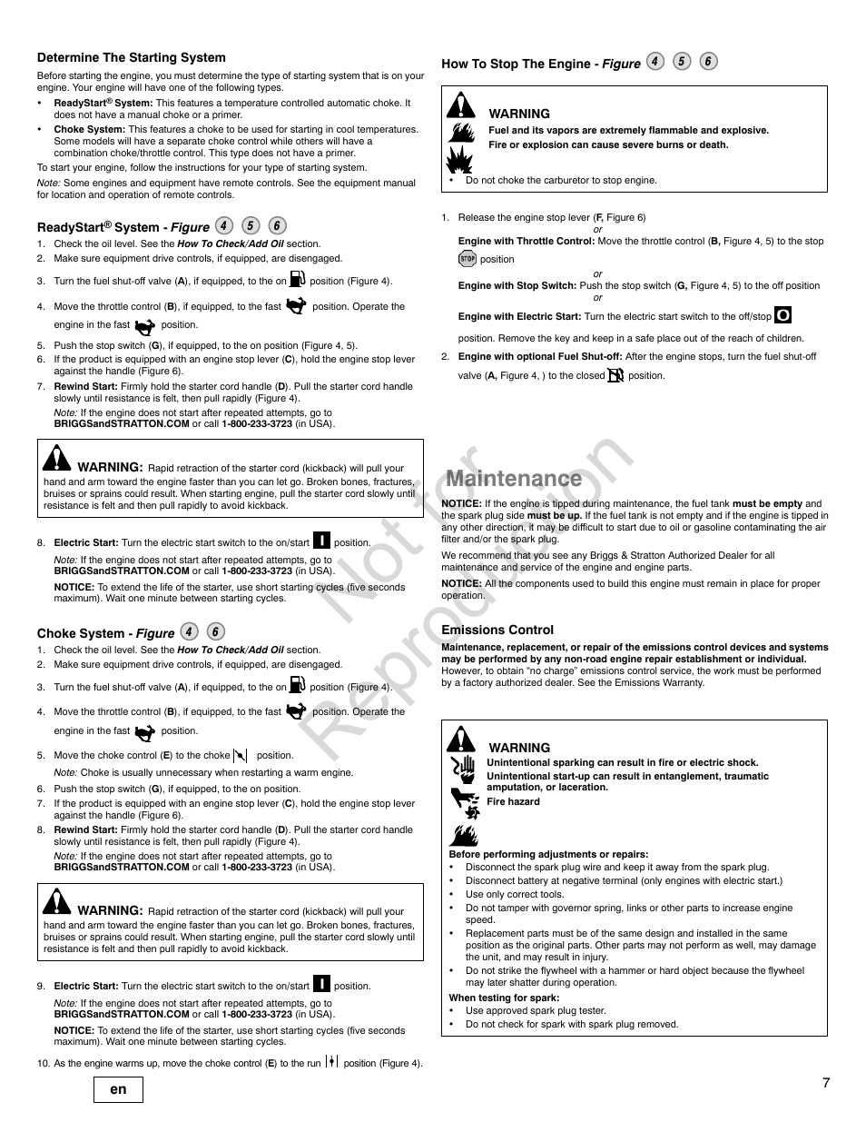 Not for reproduction, Maintenance | Briggs & Stratton PROFESSIONAL SERIES 110000 User Manual | Page 7 / 28