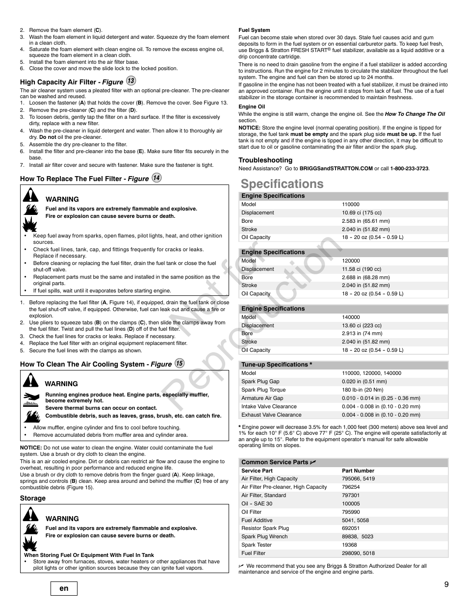 Not for reproduction, Specifications | Briggs & Stratton PROFESSIONAL SERIES 110000 User Manual | Page 9 / 28