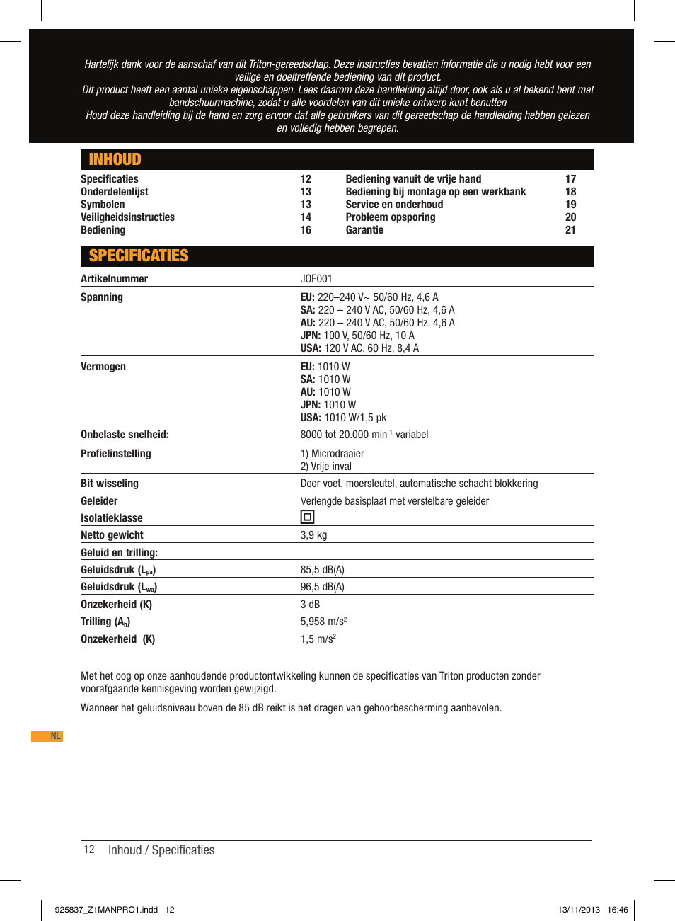 Inhoud, Specificaties | Triton JOF 001 User Manual | Page 12 / 64