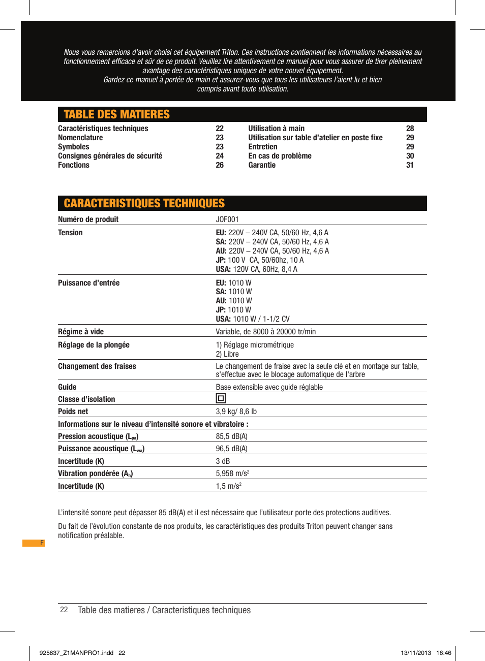 Table des matieres, Caracteristiques techniques | Triton JOF 001 User Manual | Page 22 / 64