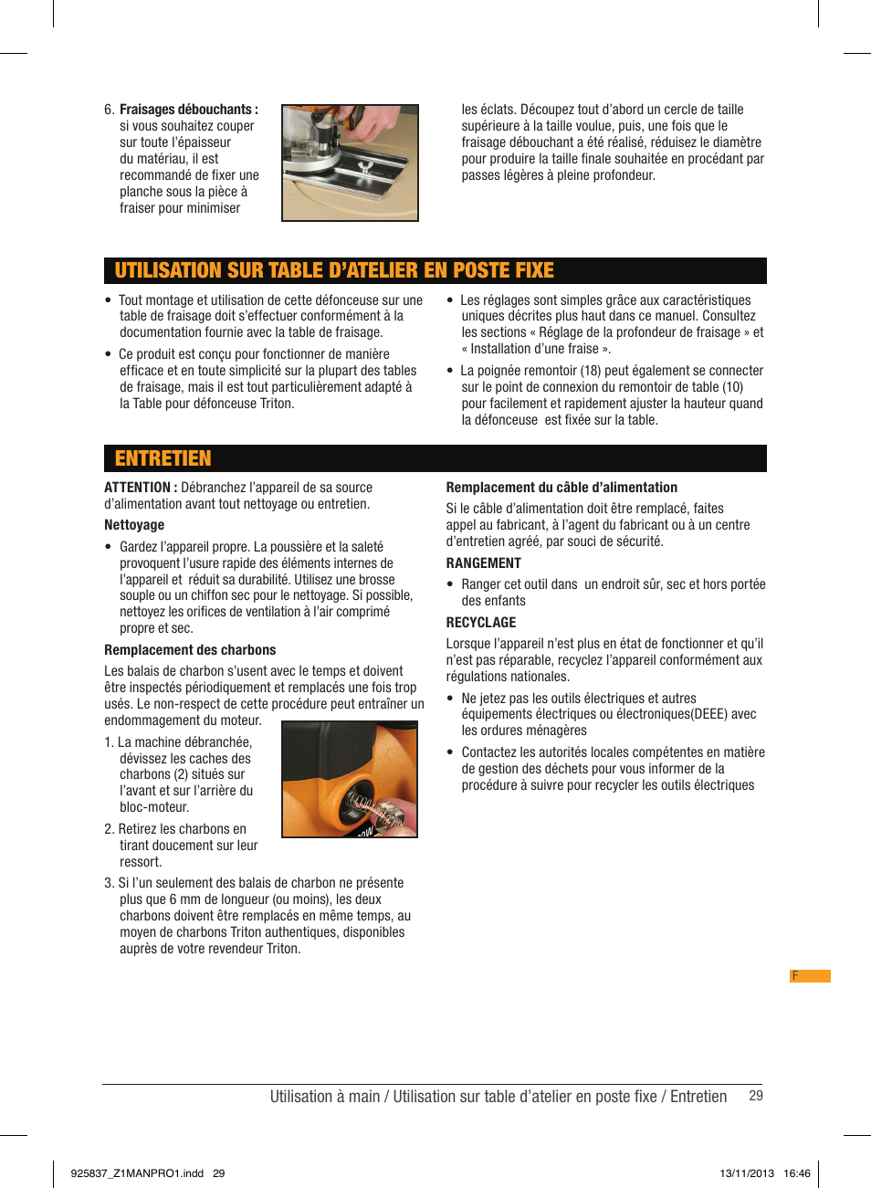 Utilisation sur table d’atelier en poste fixe, Entretien | Triton JOF 001 User Manual | Page 29 / 64