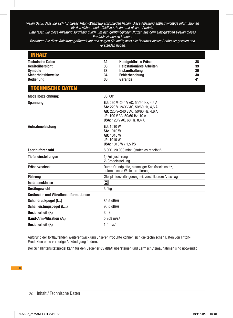 Inhalt, Technische daten | Triton JOF 001 User Manual | Page 32 / 64