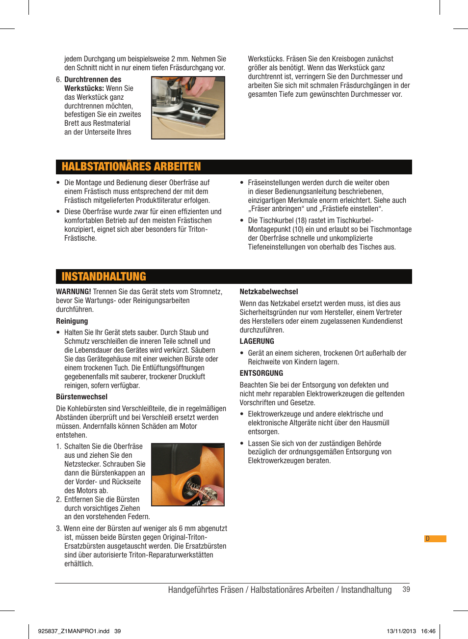 Halbstationäres arbeiten, Instandhaltung | Triton JOF 001 User Manual | Page 39 / 64