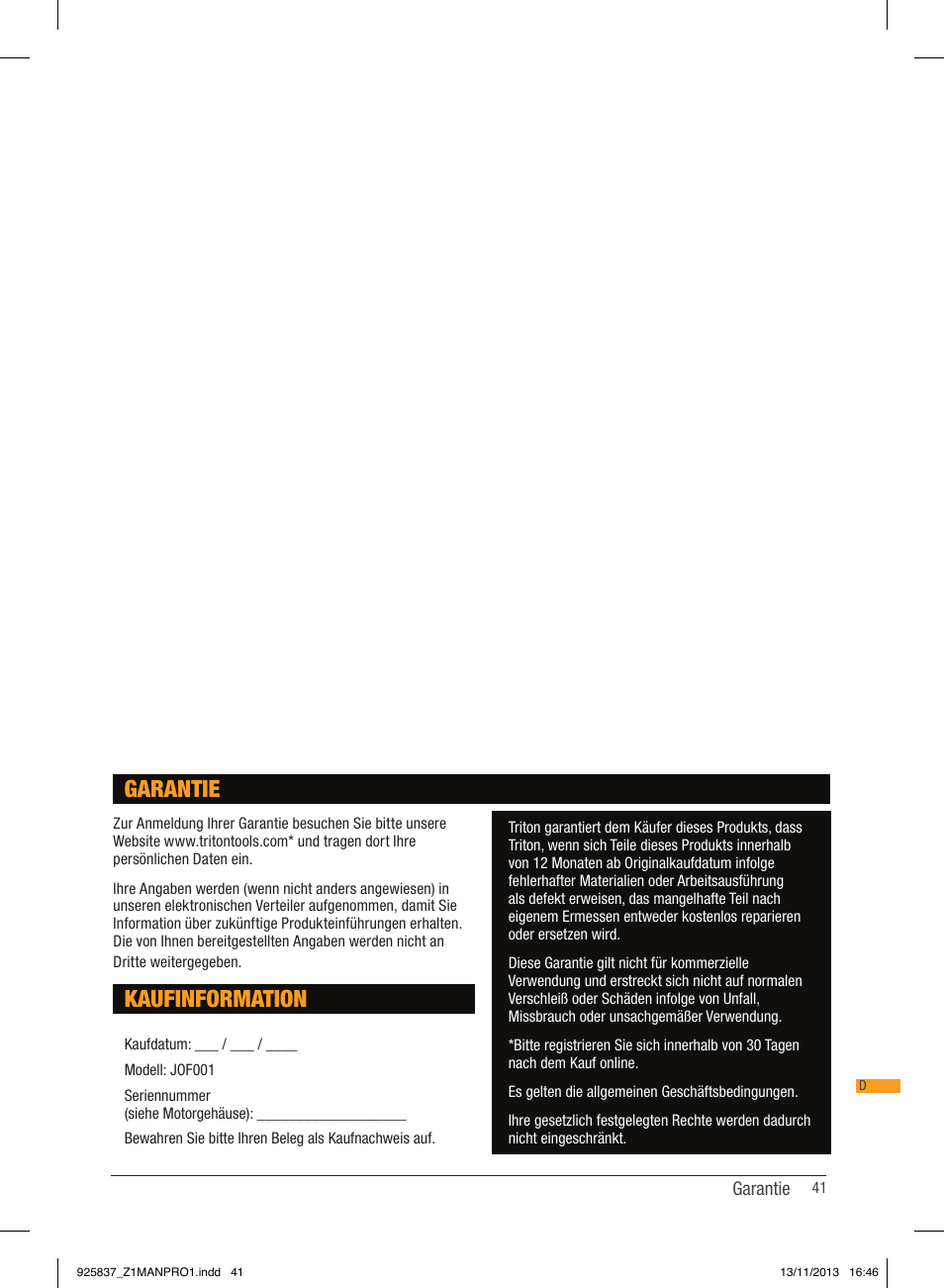 Kaufinformation, Garantie | Triton JOF 001 User Manual | Page 41 / 64