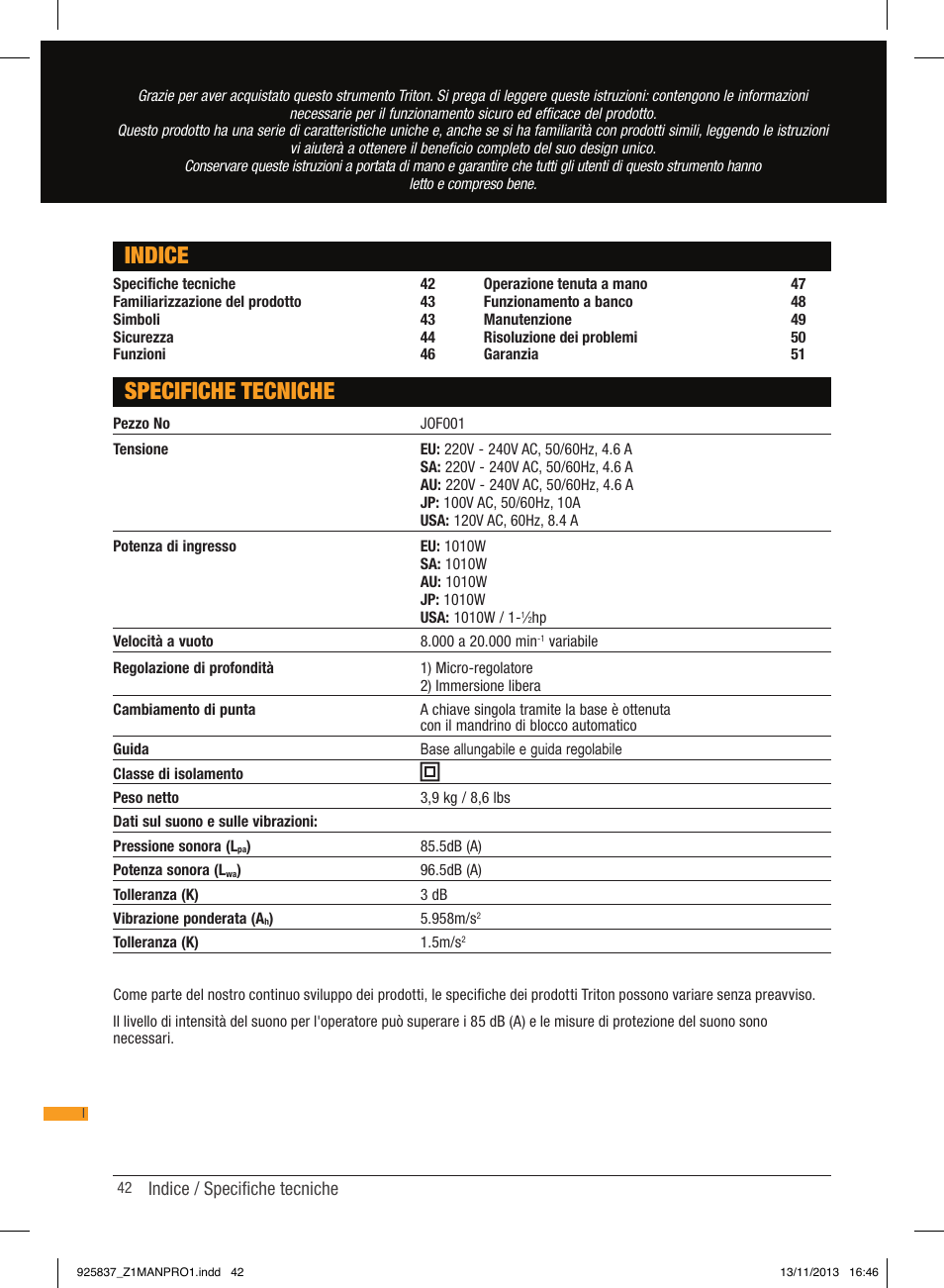 Indice, Specifiche tecniche, Indice / specifiche tecniche | Triton JOF 001 User Manual | Page 42 / 64