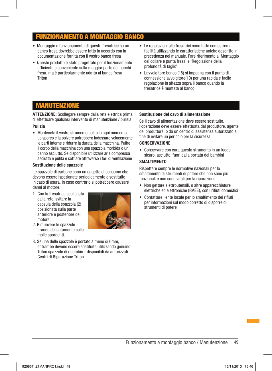 Funzionamento a montaggio banco, Manutenzione | Triton JOF 001 User Manual | Page 49 / 64