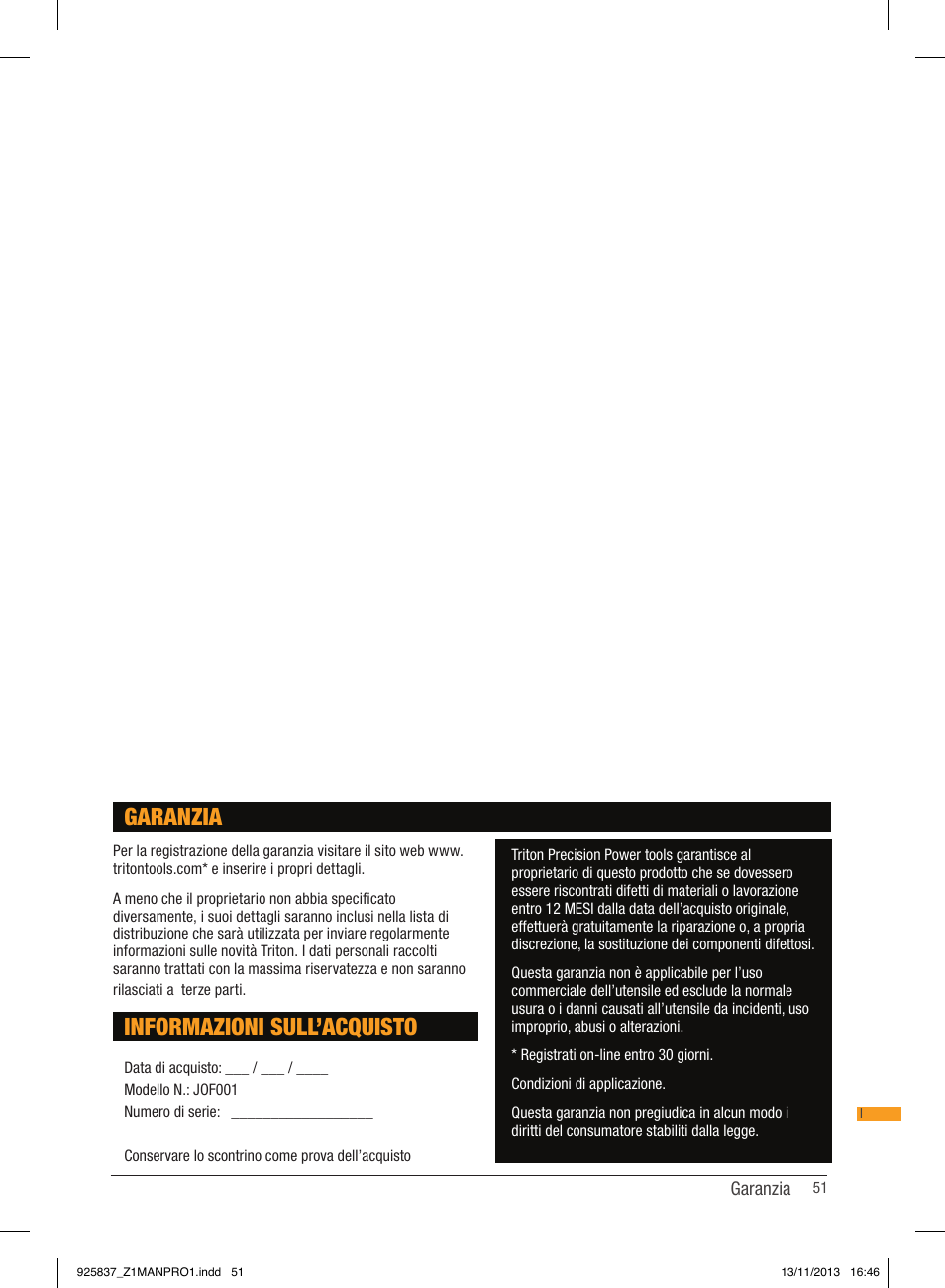 Informazioni sull’acquisto, Garanzia | Triton JOF 001 User Manual | Page 51 / 64