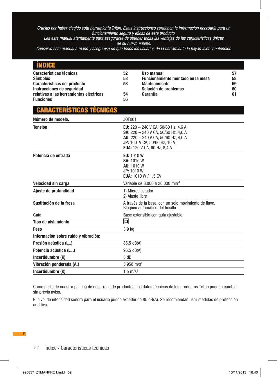 Índice, Características técnicas | Triton JOF 001 User Manual | Page 52 / 64