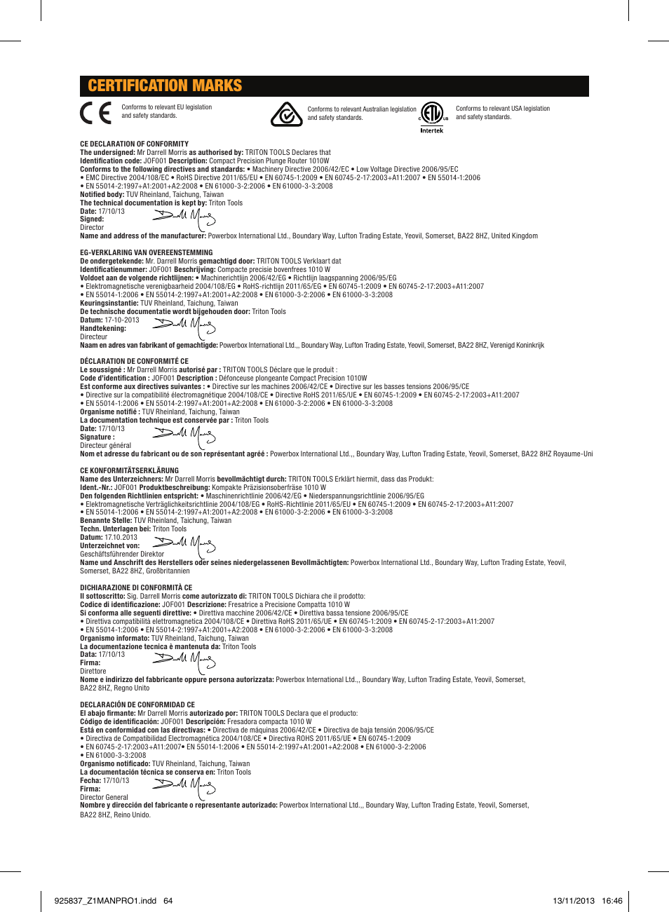 Certification marks | Triton JOF 001 User Manual | Page 64 / 64