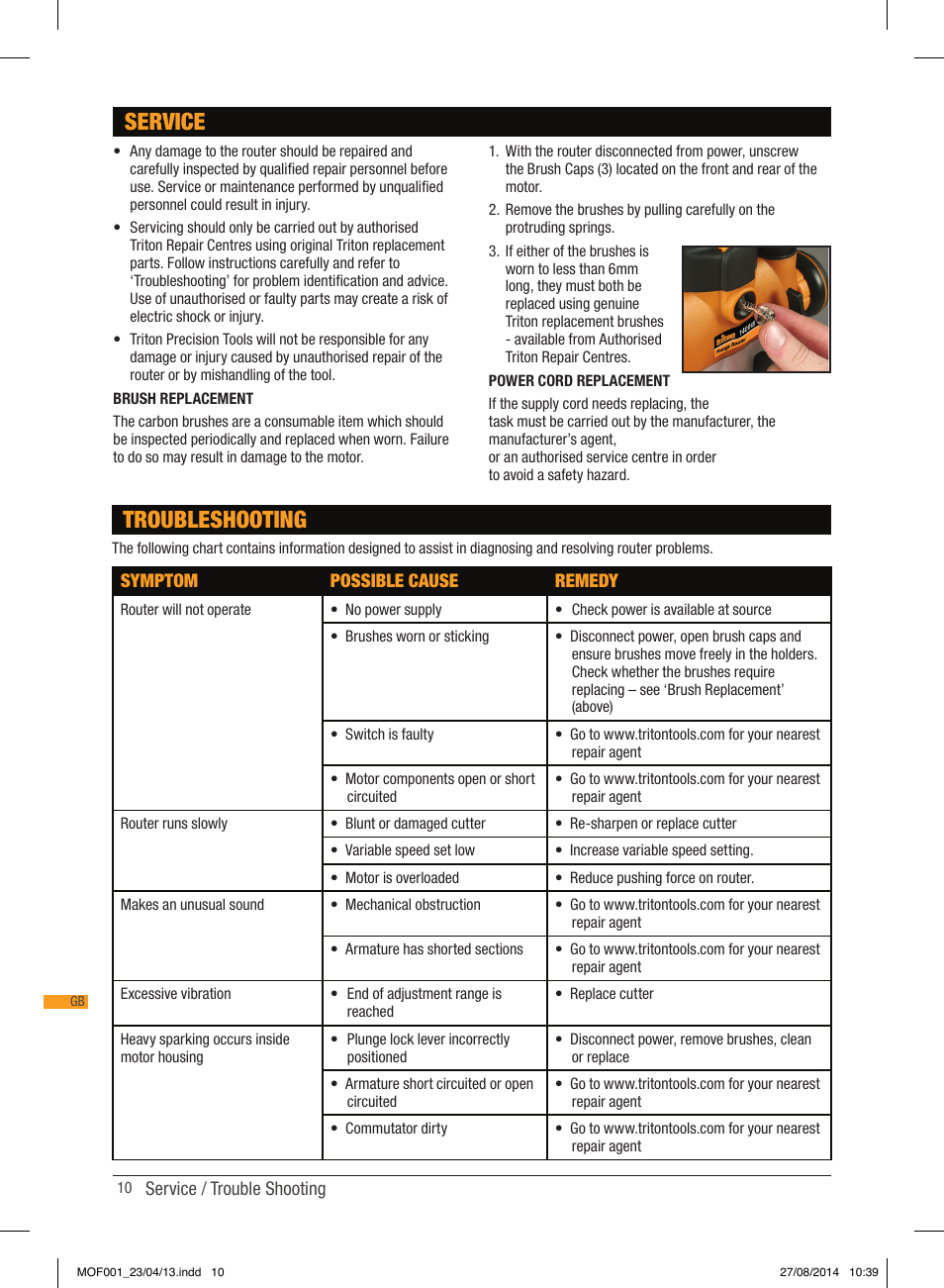 Service, Troubleshooting | Triton MOF 001 User Manual | Page 10 / 62