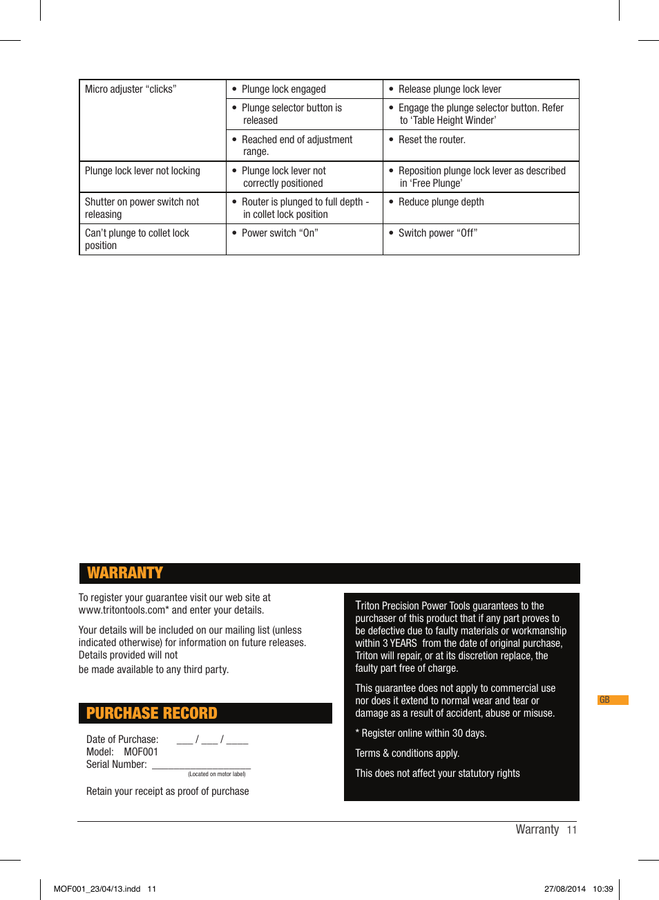 Purchase record, Warranty | Triton MOF 001 User Manual | Page 11 / 62