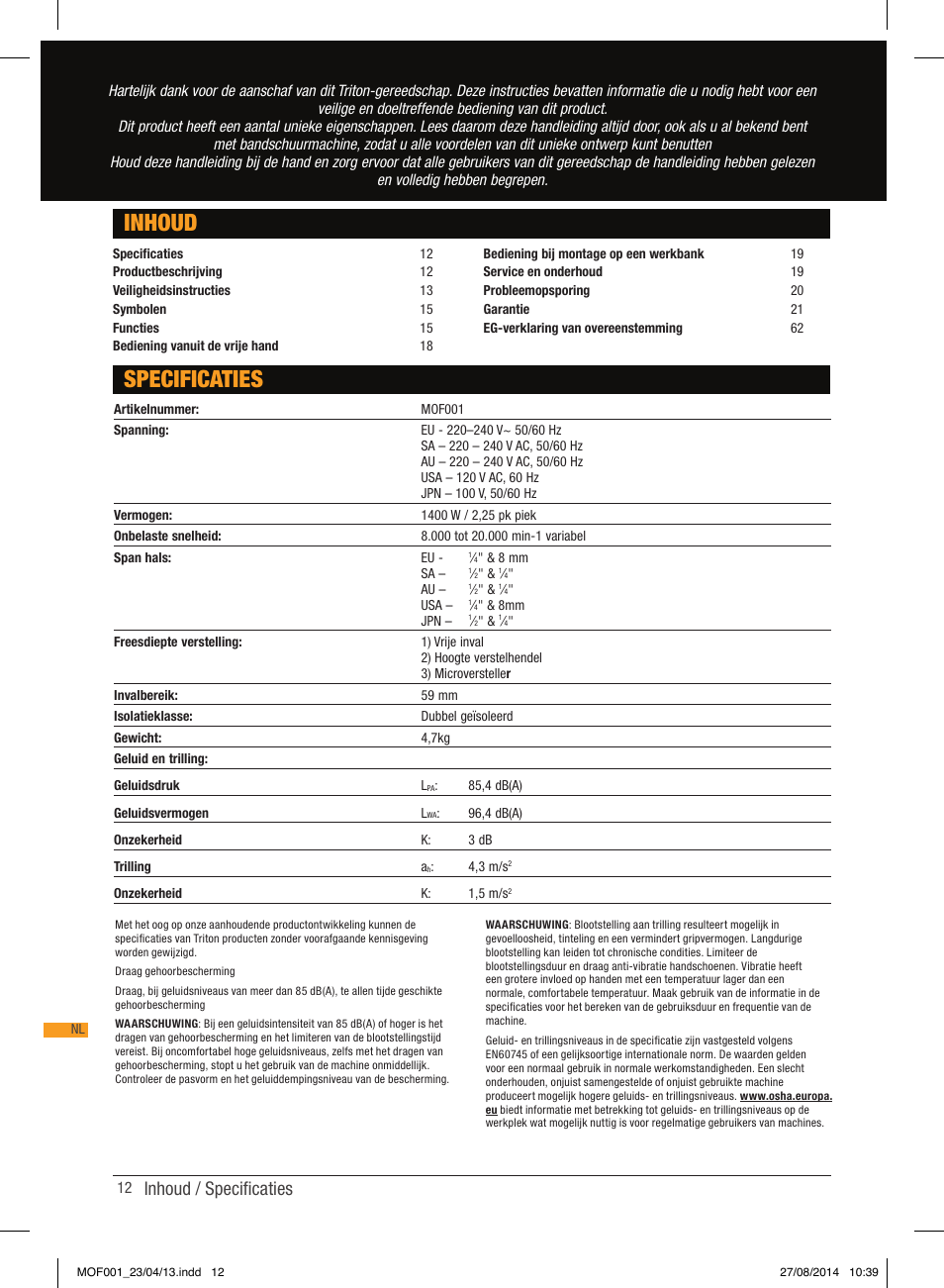 Inhoud specificaties, Inhoud / specificaties | Triton MOF 001 User Manual | Page 12 / 62