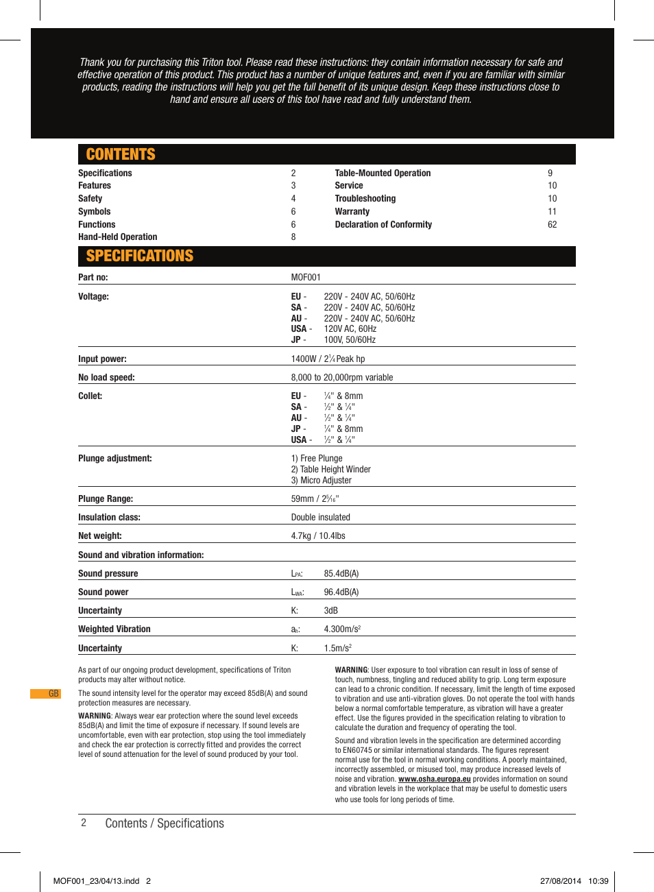 Contents specifications, Contents / specifications | Triton MOF 001 User Manual | Page 2 / 62