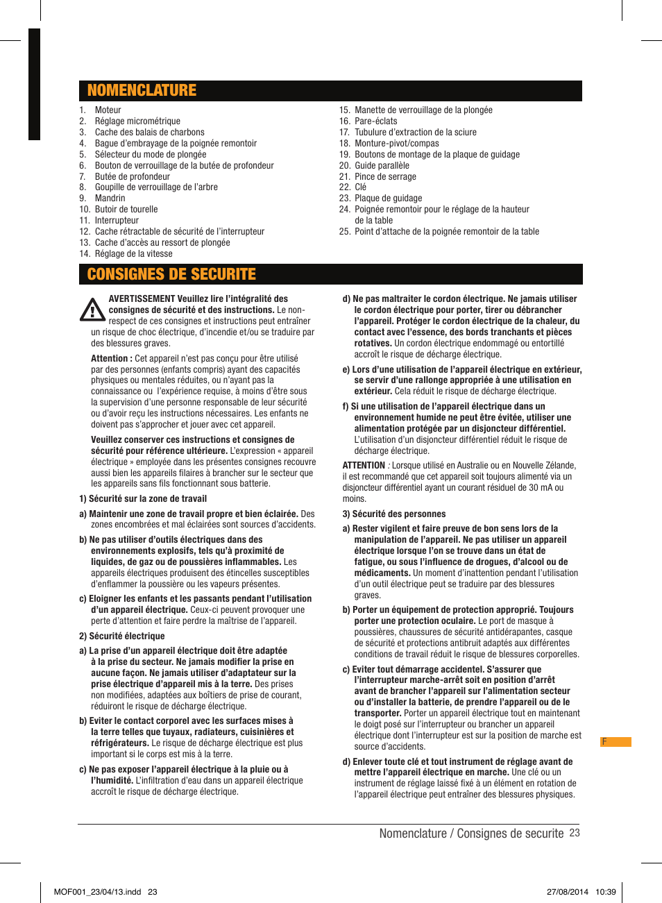 Nomenclature, Consignes de securite, Nomenclature / consignes de securite | Triton MOF 001 User Manual | Page 23 / 62