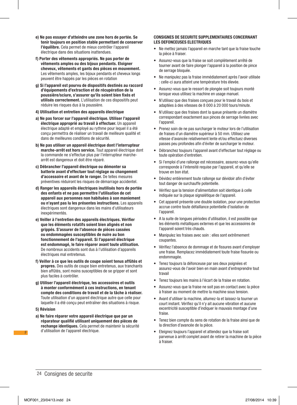 Consignes de securite | Triton MOF 001 User Manual | Page 24 / 62