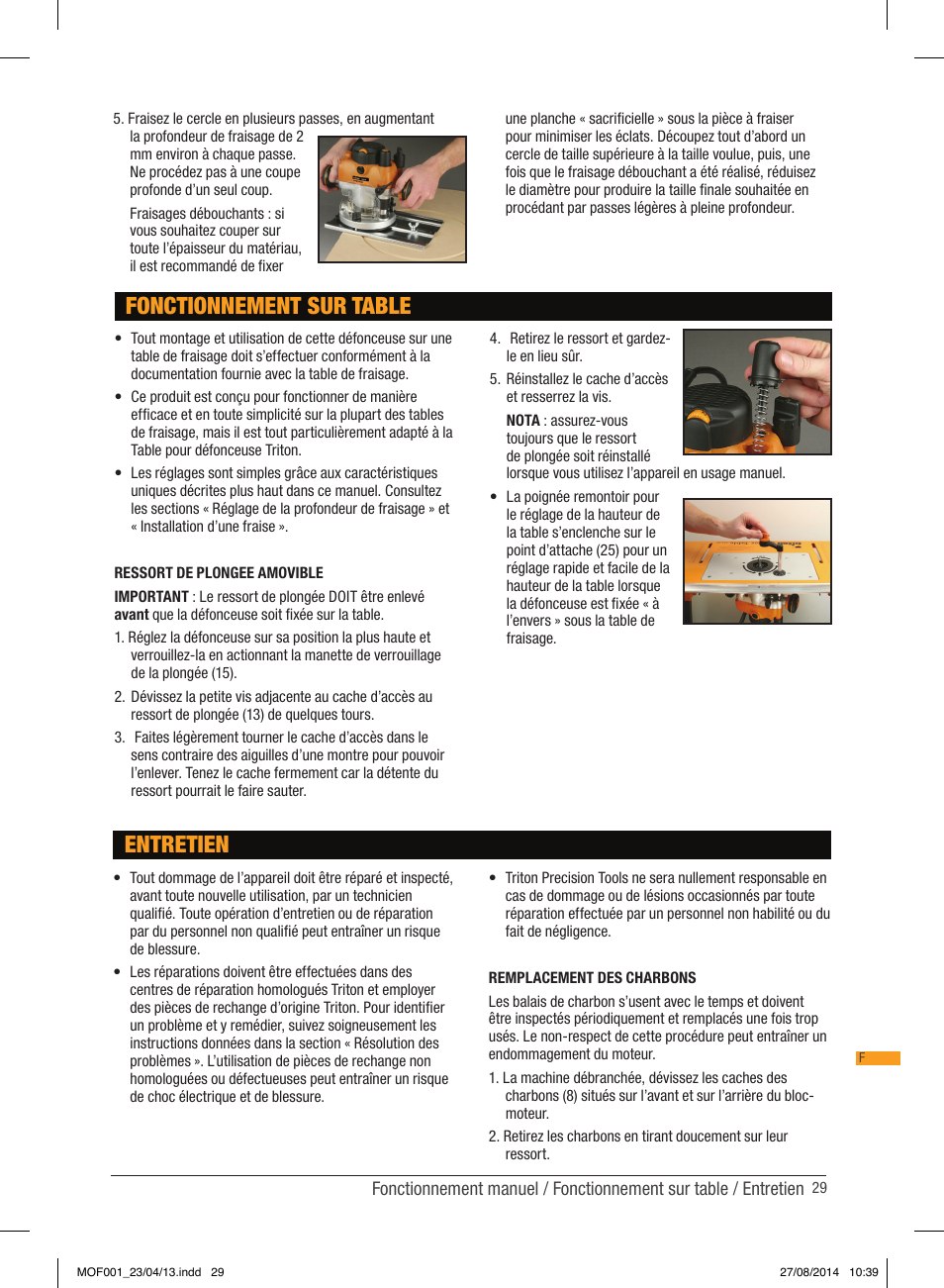 Fonctionnement sur table, Entretien | Triton MOF 001 User Manual | Page 29 / 62