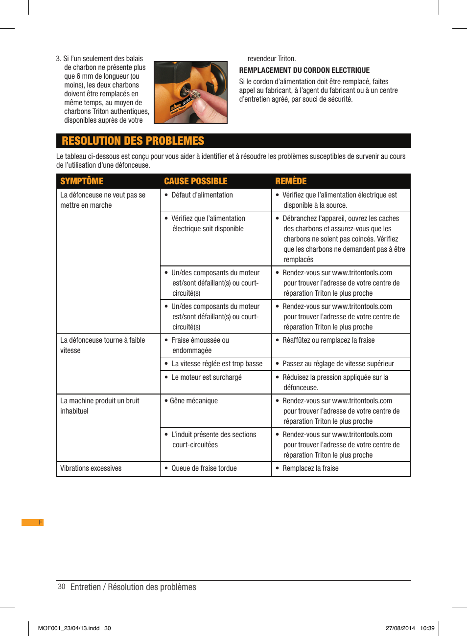 Resolution des problemes | Triton MOF 001 User Manual | Page 30 / 62