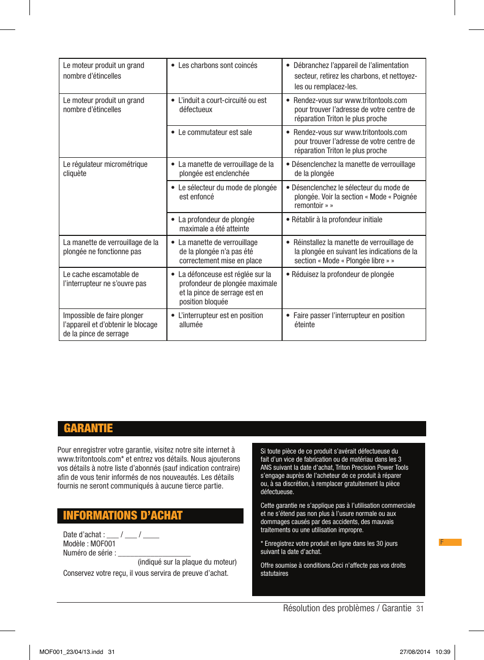 Informations d’achat, Garantie | Triton MOF 001 User Manual | Page 31 / 62