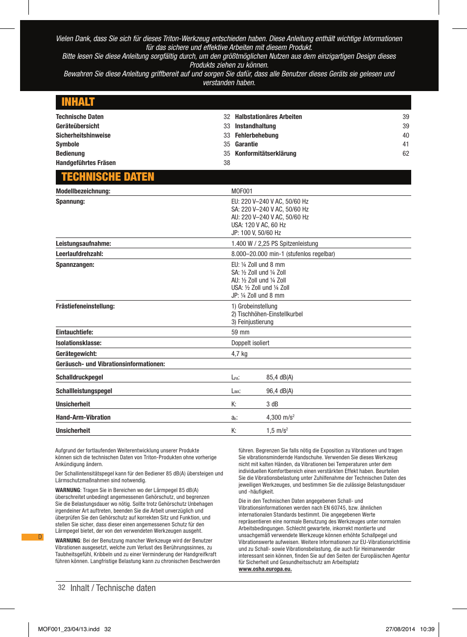 Inhalt technische daten, Inhalt / technische daten | Triton MOF 001 User Manual | Page 32 / 62