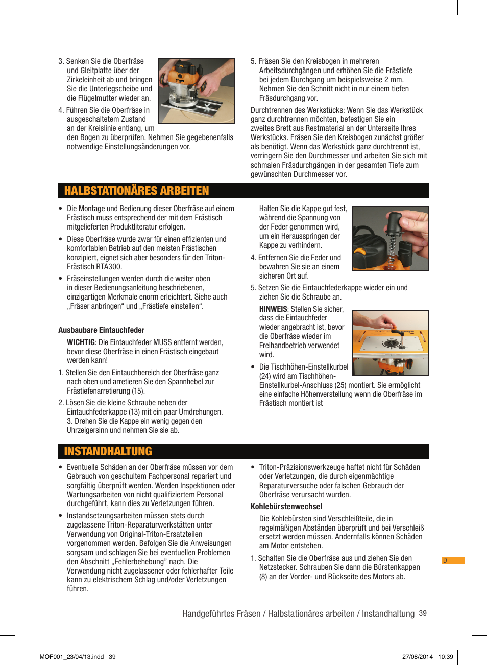 Halbstationäres arbeiten, Instandhaltung | Triton MOF 001 User Manual | Page 39 / 62