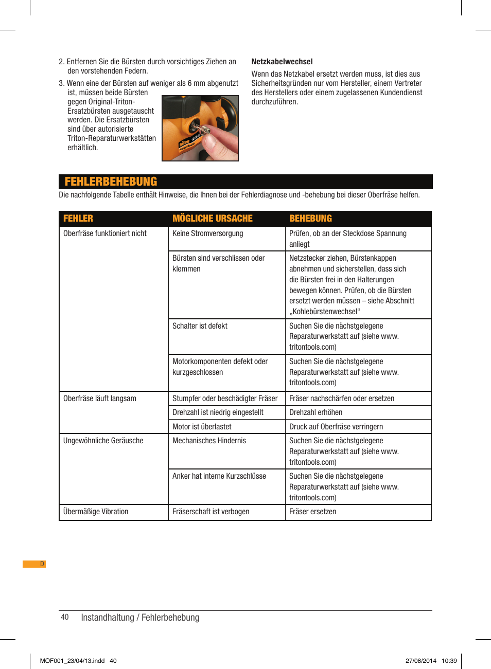 Fehlerbehebung | Triton MOF 001 User Manual | Page 40 / 62