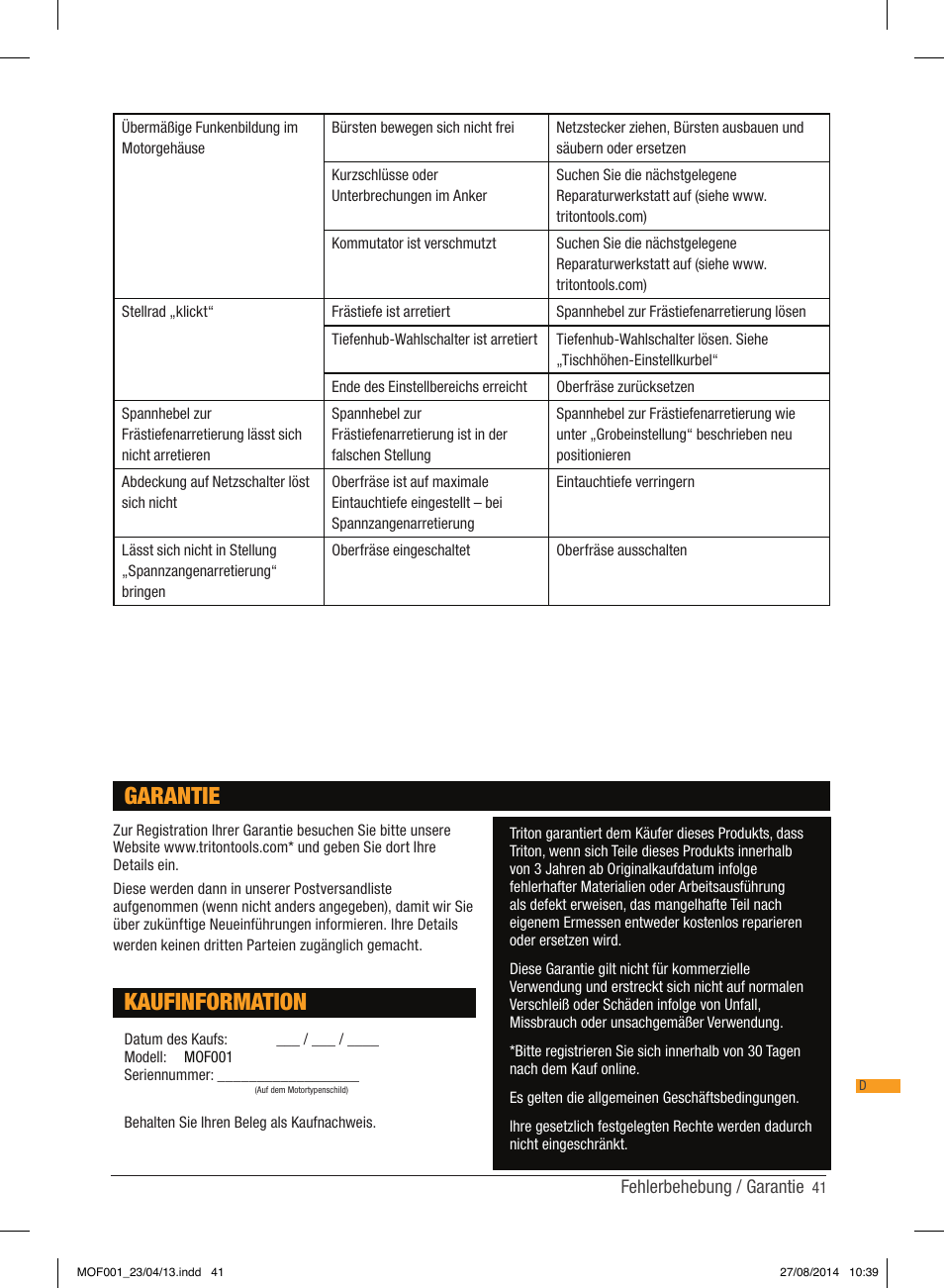 Kaufinformation, Garantie | Triton MOF 001 User Manual | Page 41 / 62