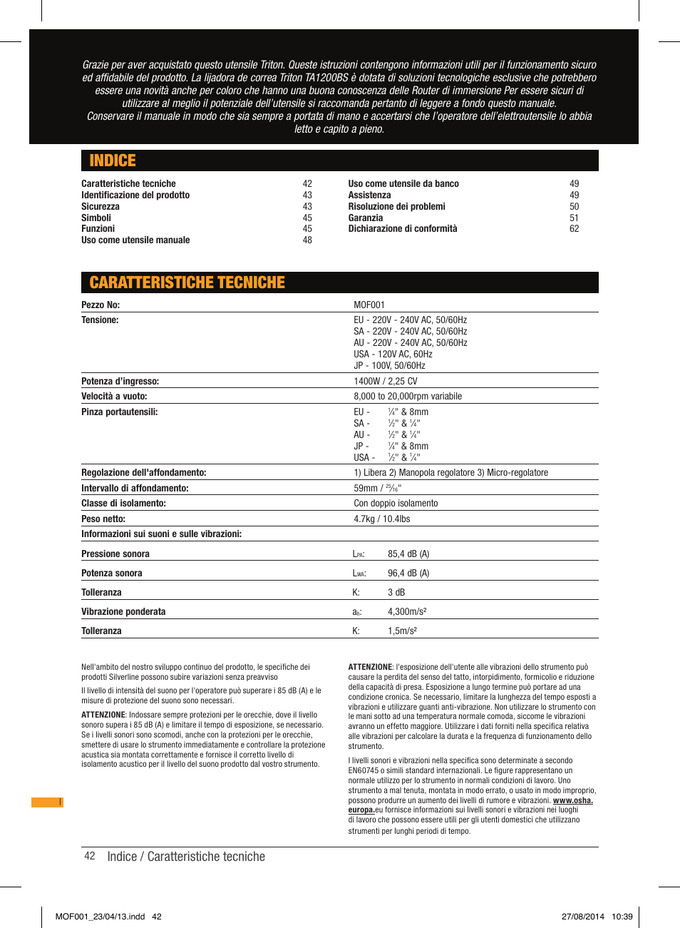 Indice caratteristiche tecniche, Indice / caratteristiche tecniche | Triton MOF 001 User Manual | Page 42 / 62