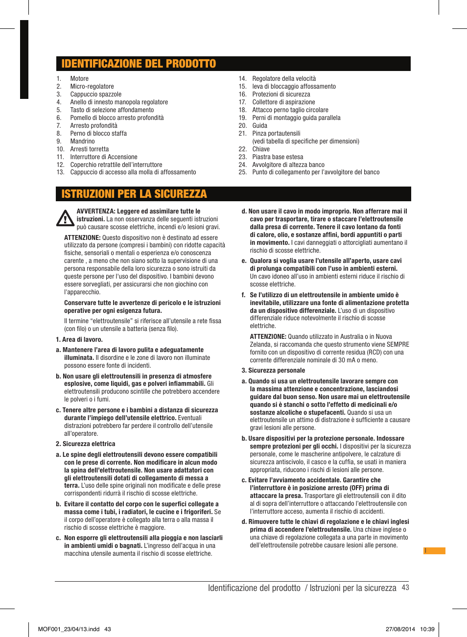 Identificazione del prodotto, Istruzioni per la sicurezza | Triton MOF 001 User Manual | Page 43 / 62