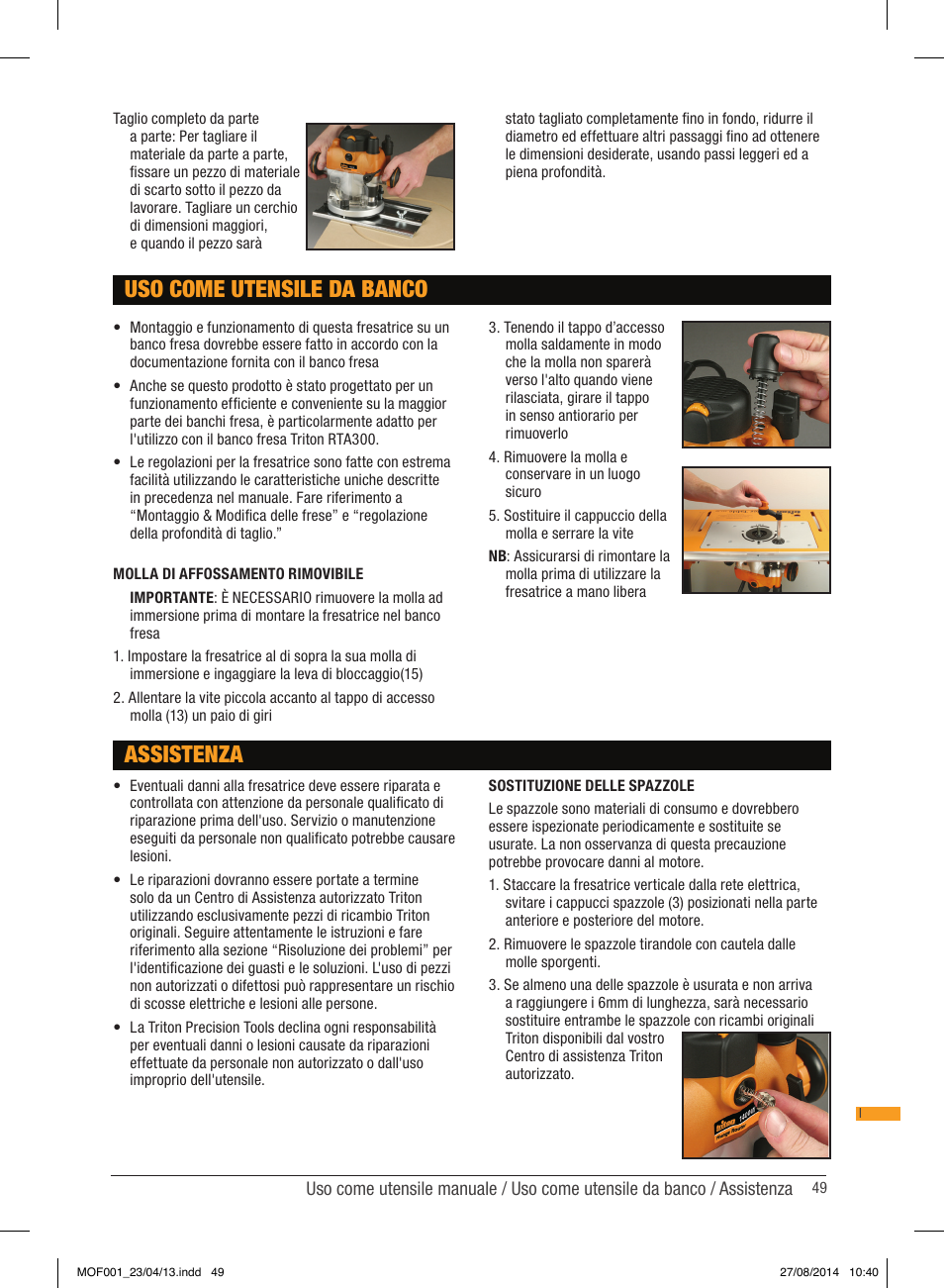 Uso come utensile da banco, Assistenza | Triton MOF 001 User Manual | Page 49 / 62