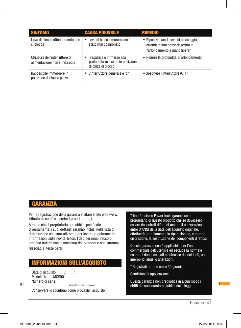 Informazioni sull’acquisto, Garanzia | Triton MOF 001 User Manual | Page 51 / 62