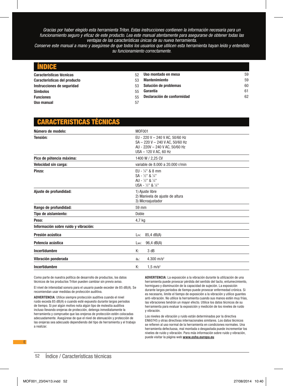 Índice caracteristicas técnicas, Índice / características técnicas | Triton MOF 001 User Manual | Page 52 / 62