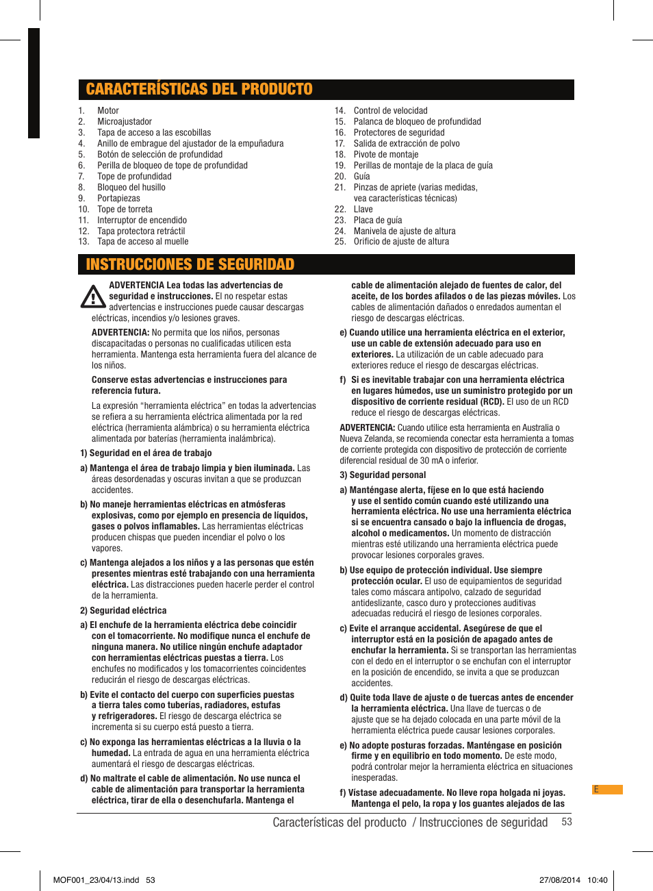 Características del producto, Instrucciones de seguridad | Triton MOF 001 User Manual | Page 53 / 62