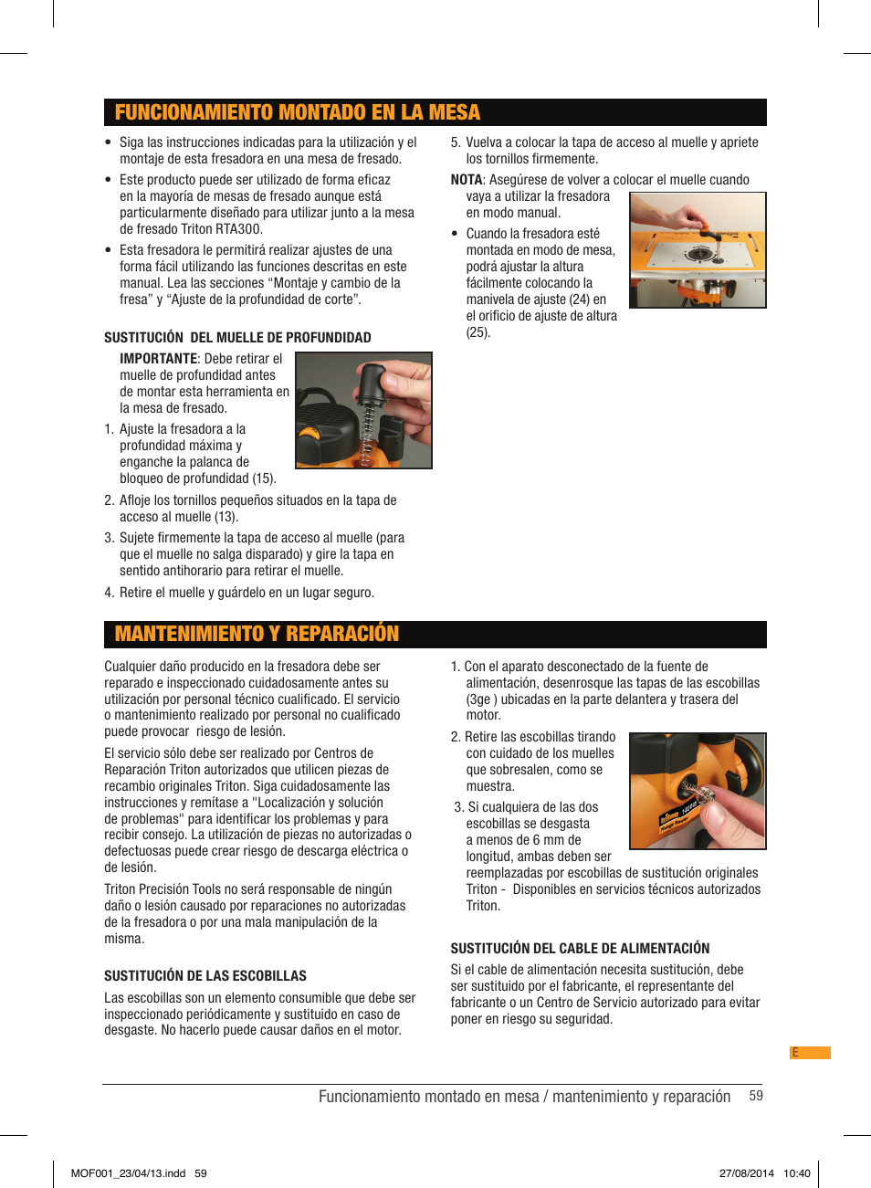 Funcionamiento montado en la mesa, Mantenimiento y reparación | Triton MOF 001 User Manual | Page 59 / 62