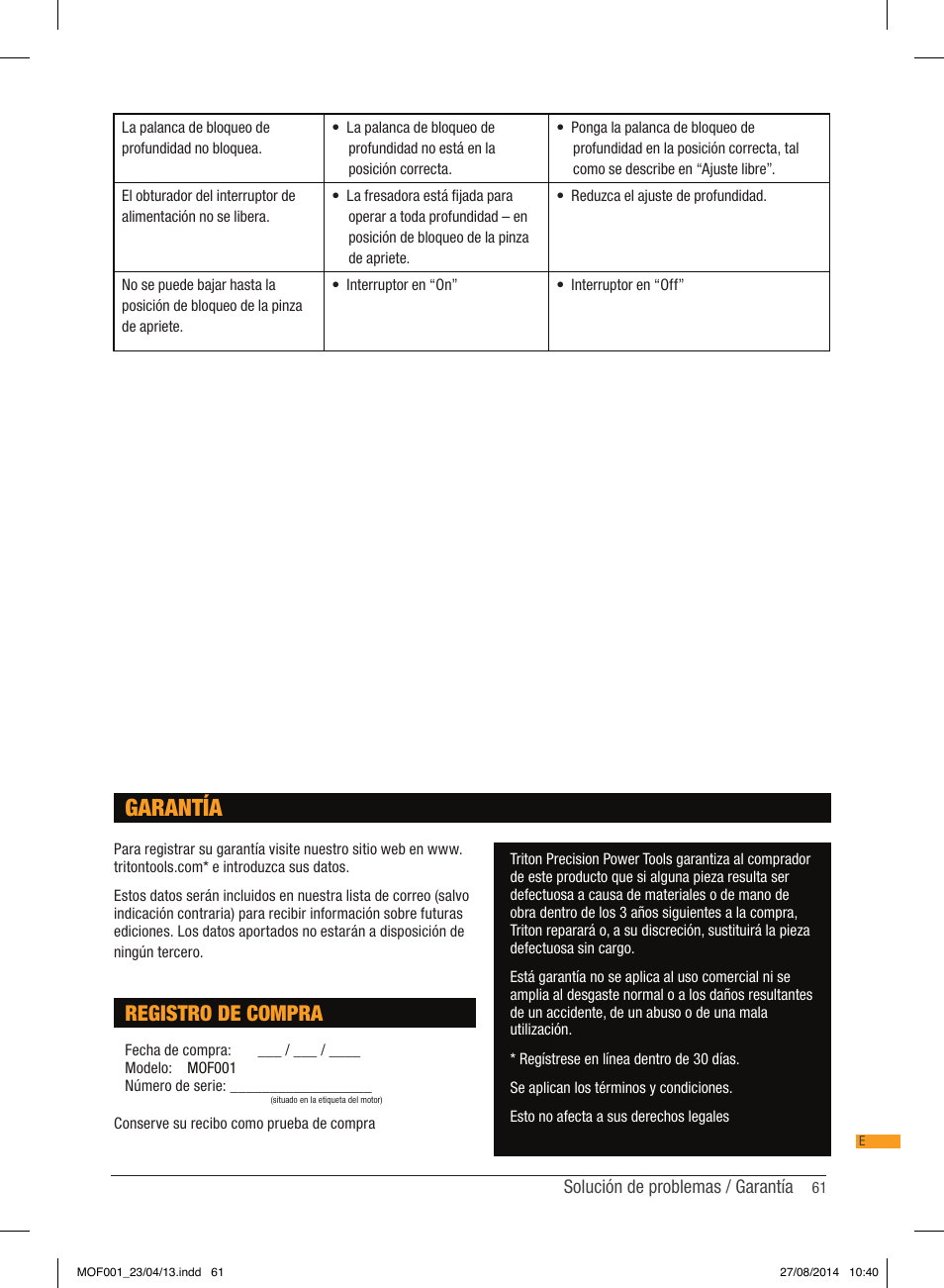 Garantía, Registro de compra | Triton MOF 001 User Manual | Page 61 / 62