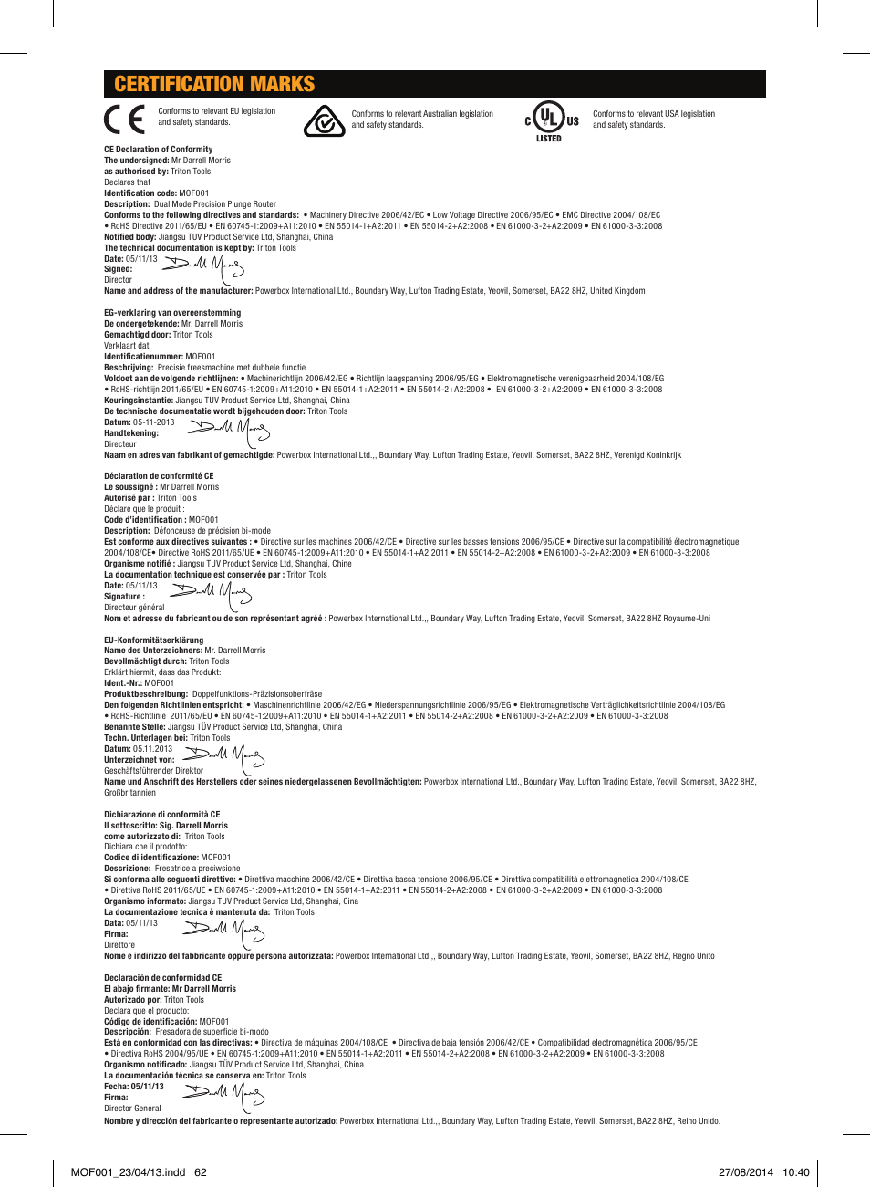 Certification marks | Triton MOF 001 User Manual | Page 62 / 62
